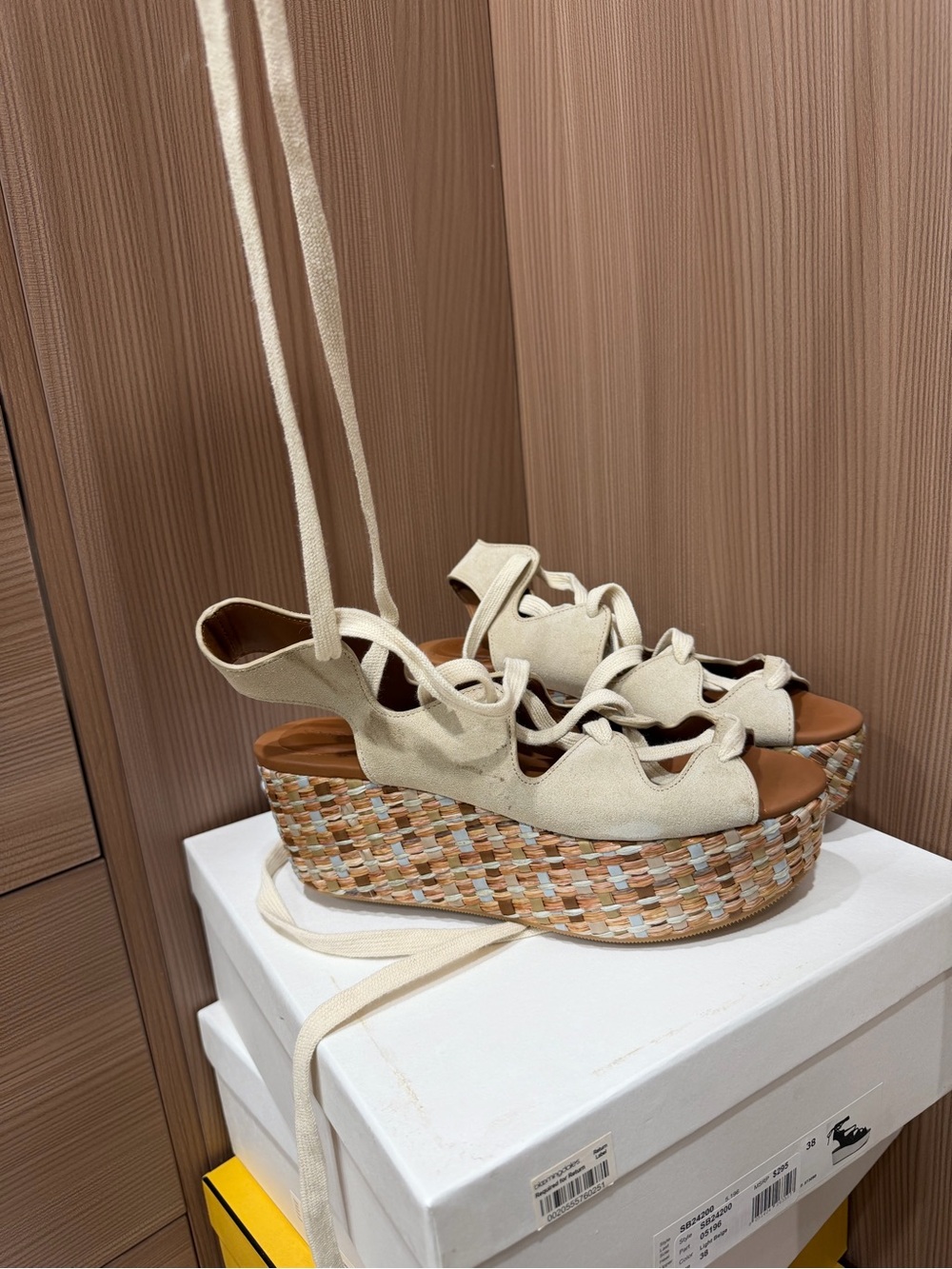 See by Chloé Woven Platform Lace Up Sandals Espadrille Wedge Beige Size 38